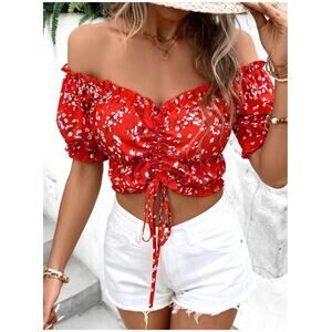 NWT Emery Rose Red Floral Off-Shoulder Drawstring Crop Top - XL